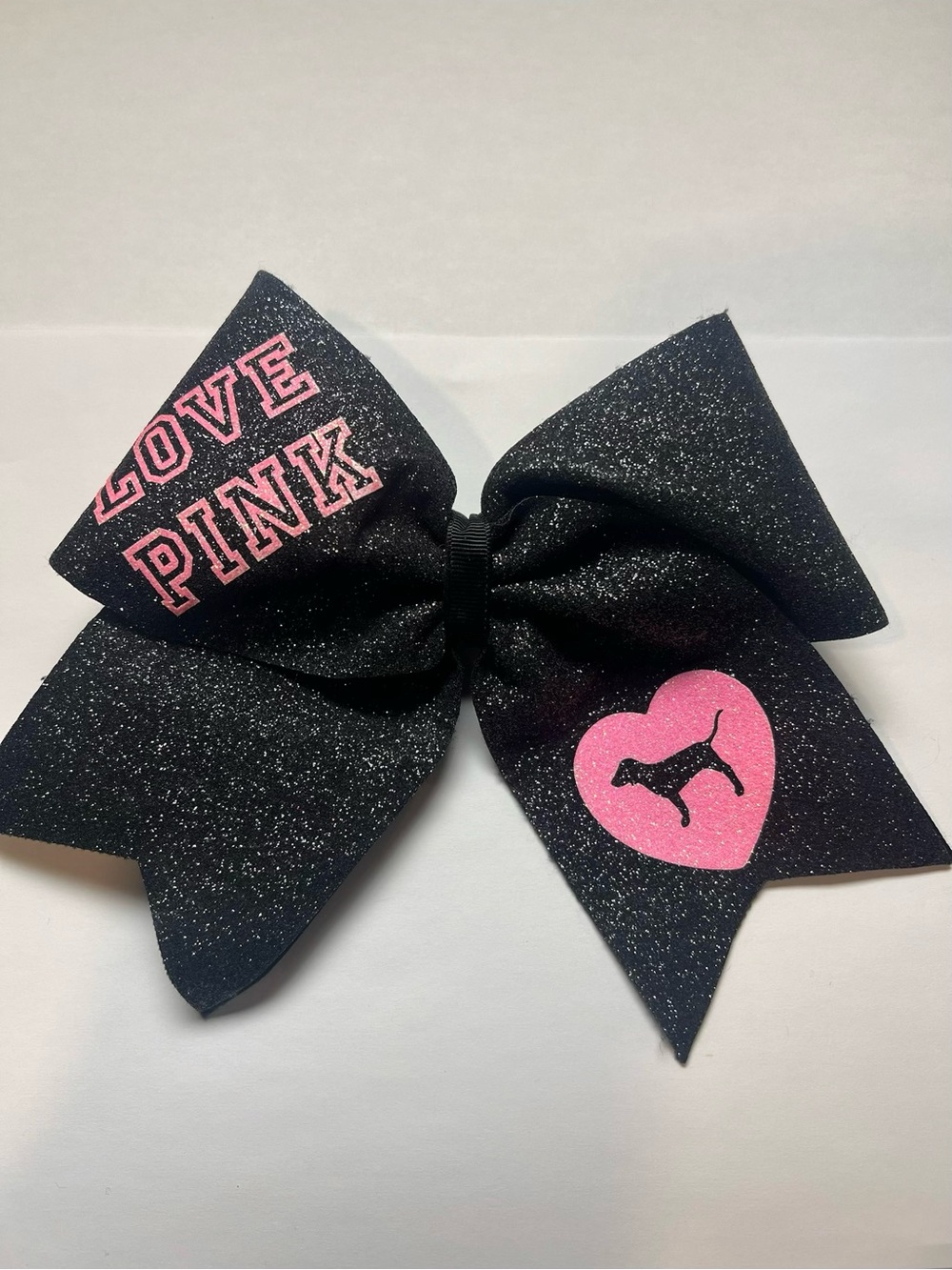PINK Victoria's Secret Black Glitter Hair Bow with Pink Logo cheerleading